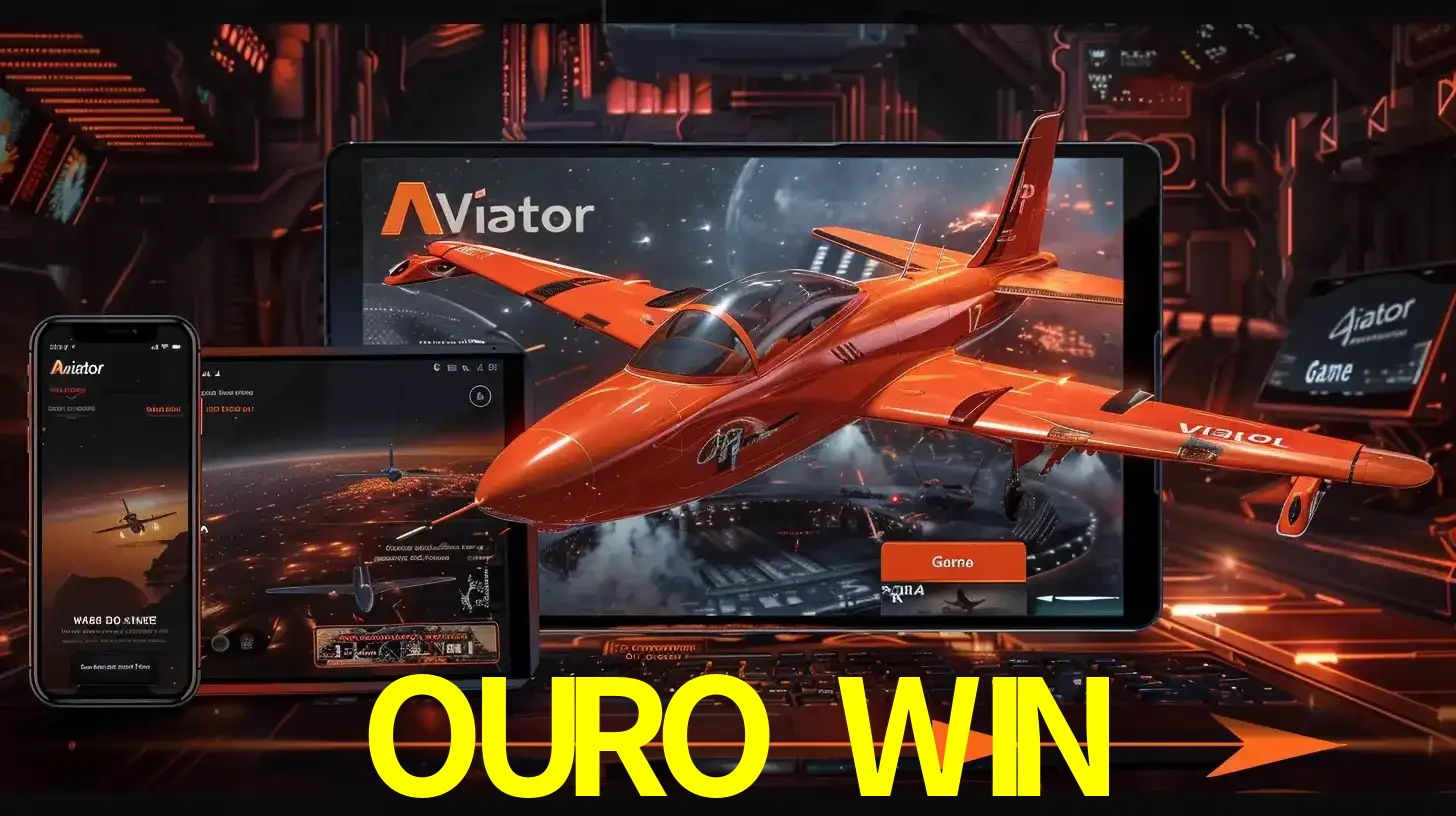 Apresentação tecnológica do jogo Aviator com um avião saindo da tela de um tablet, demonstrando a experiência imersiva em múltiplos dispositivos no OURO WIN.