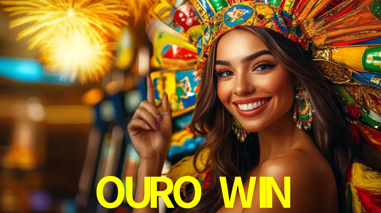 Mulher sorridente com um cocar de carnaval vibrante e colorido, celebrando uma grande vitória nos jogos do cassino OURO WIN com fogos de artifício ao fundo.