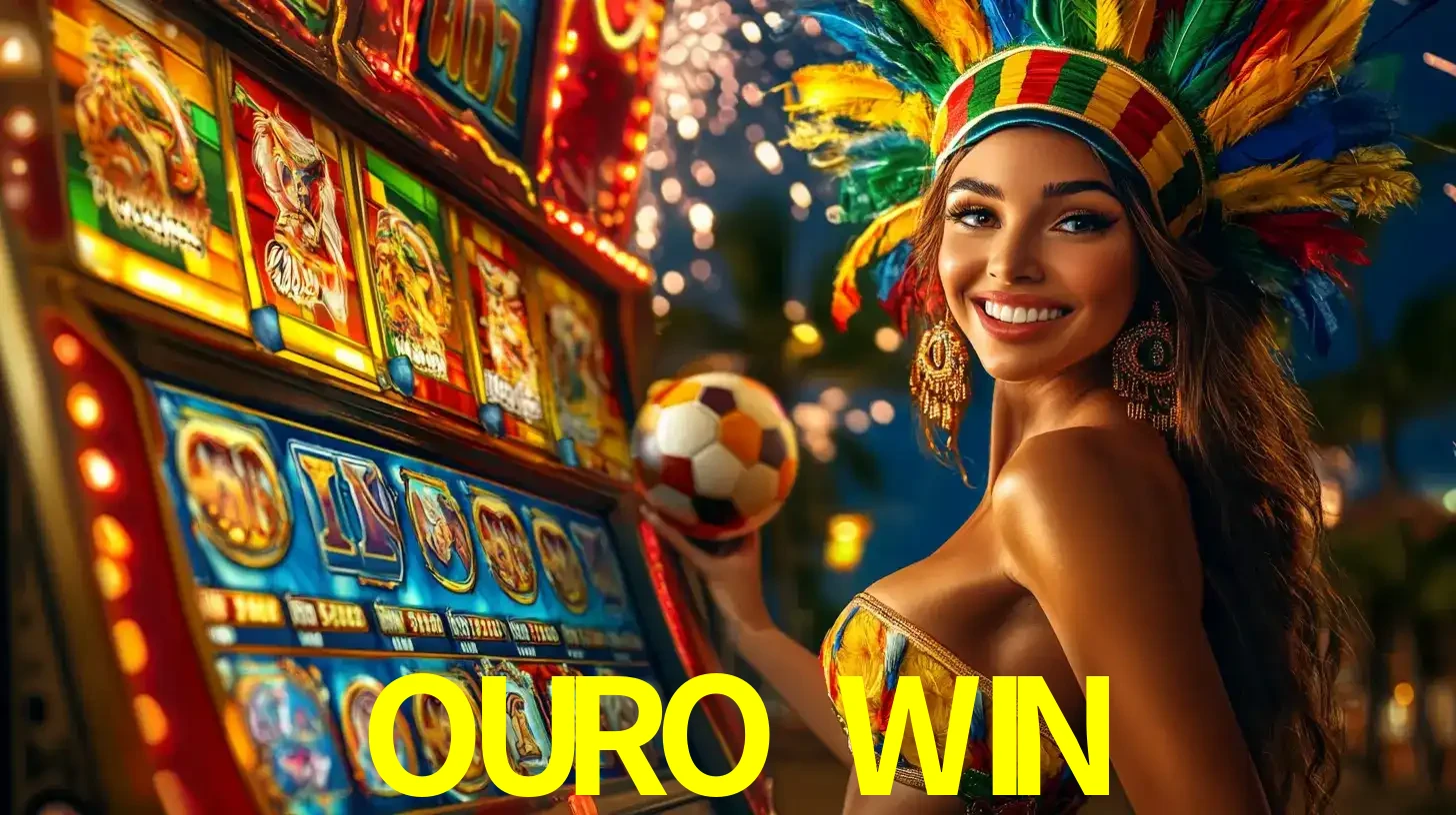 Mulher com um cocar de carnaval ao lado de uma máquina de caça-níqueis enquanto segura uma bola de futebol, mostrando a união da diversão de cassino e esportes no OURO WIN.