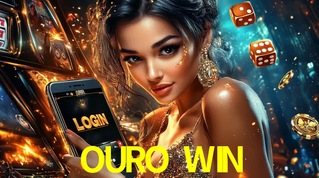 Mulher glamourosa segurando um celular com a tela de login do cassino OURO WIN, rodeada por dados e moedas douradas, pronta para começar a diversão.