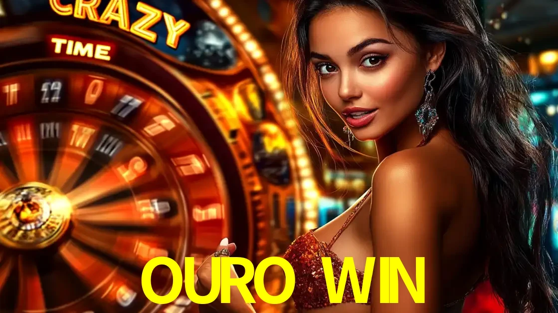 Mulher ao lado da roda de prêmios do jogo de cassino ao vivo Crazy Time, um dos shows de jogos mais emocionantes oferecidos pela plataforma de apostas OURO WIN.