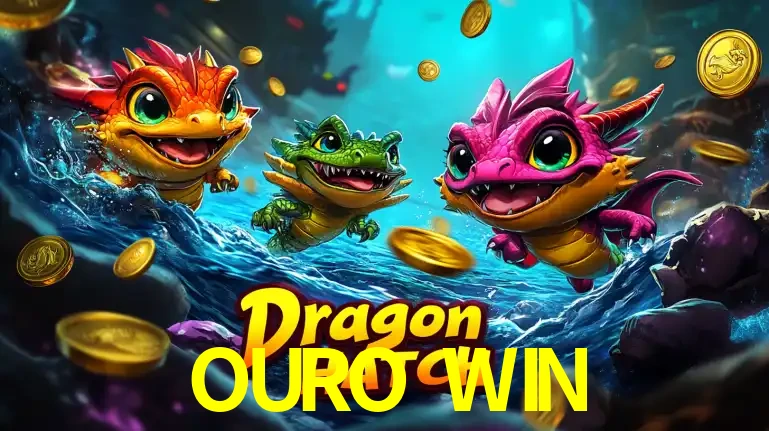 Arte promocional do jogo Dragon Hatch com três adoráveis dragões bebês nadando entre moedas de ouro, um dos slots mais divertidos para jogar no cassino OURO WIN.