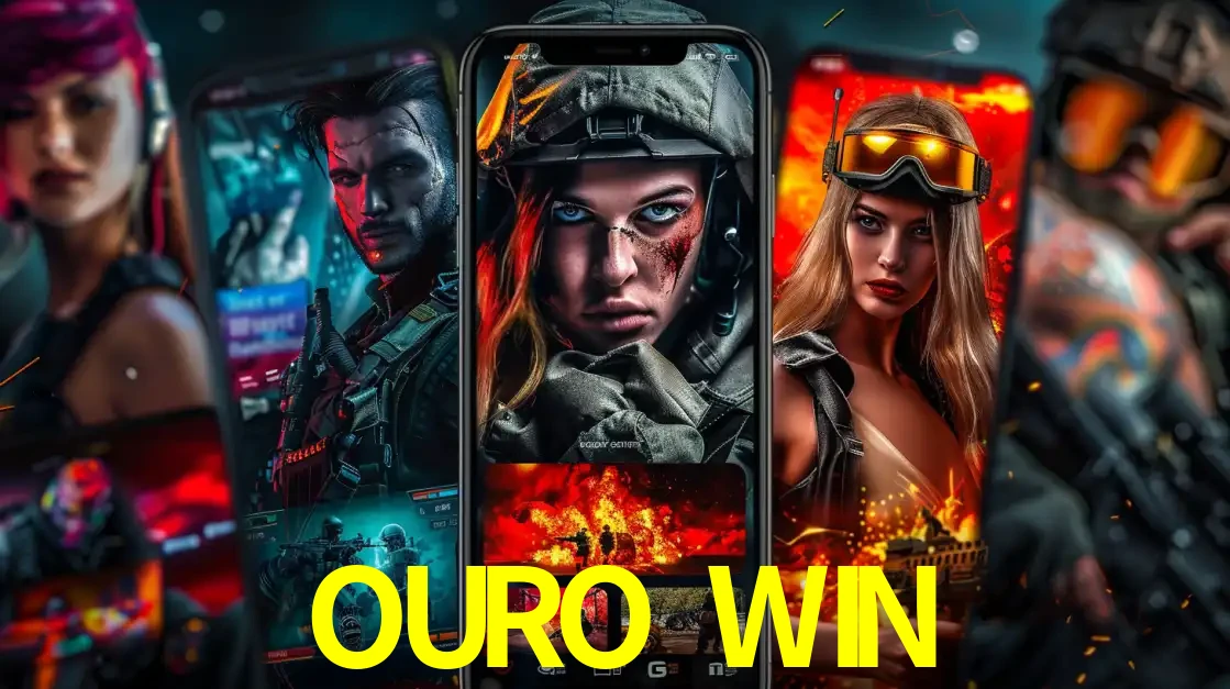 Montagem de telas de celular mostrando diversos personagens, masculinos e femininos, de um jogo de tiro, ilustrando a diversidade de equipes de e-sports para apostar no OURO WIN.