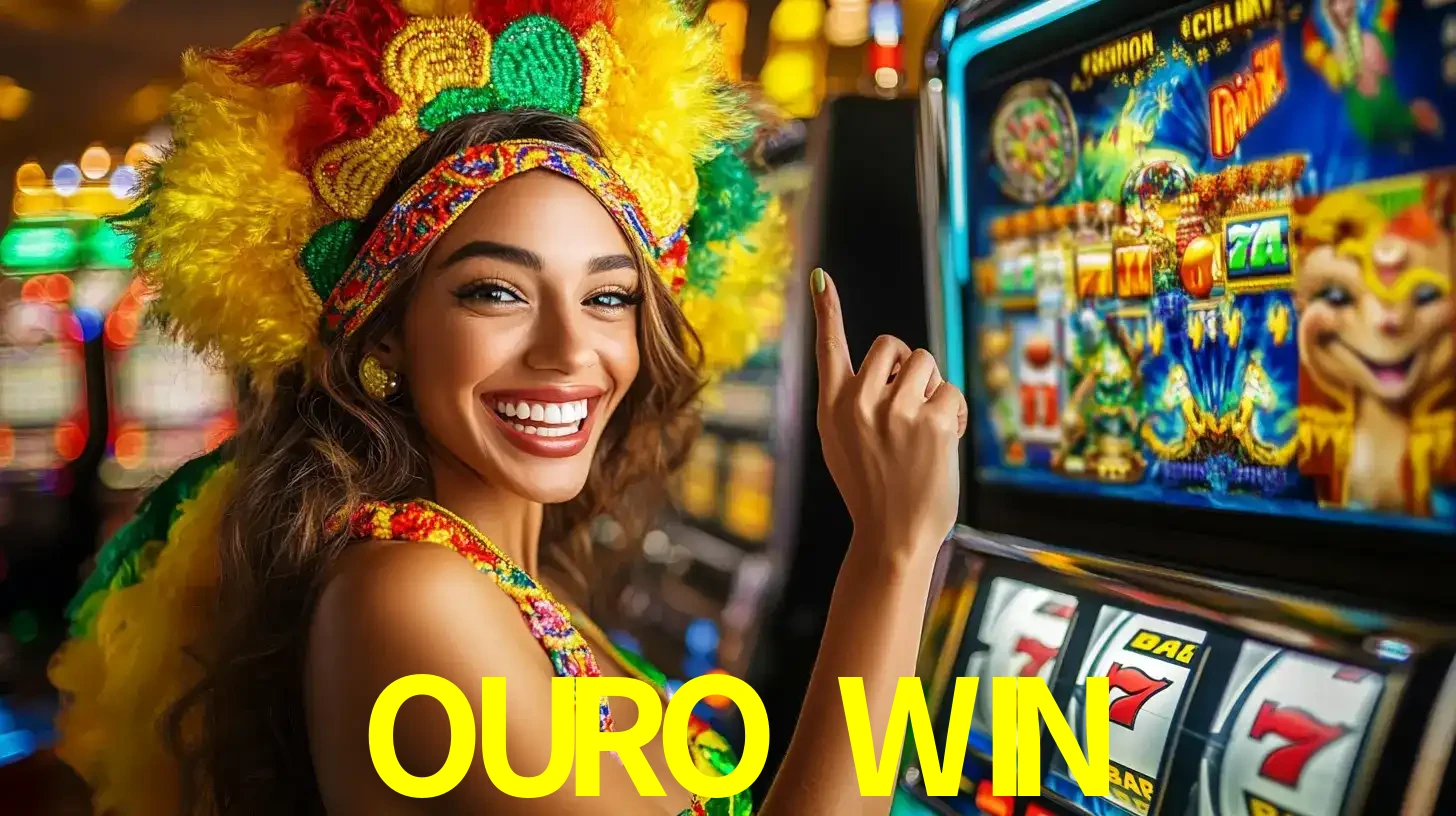 Mulher animada com um cocar de carnaval apontando para uma máquina de caça-níqueis, mostrando a emoção de ganhar um grande prêmio nos jogos do OURO WIN.