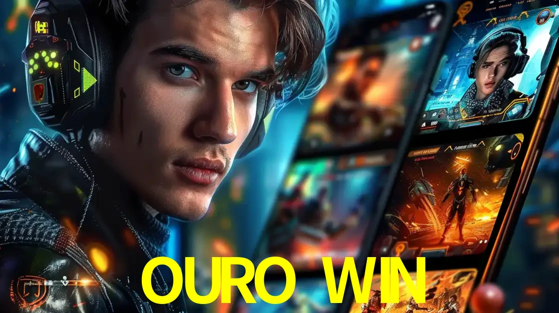 Jovem jogador com fones de ouvido olhando para a câmera, com um aplicativo de jogos e e-sports para celular ao fundo, pronto para a competição e apostas no OURO WIN.
