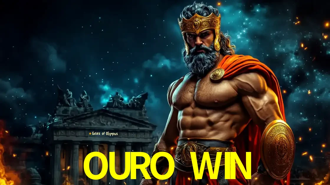 O poderoso Zeus do jogo de slot Gates of Olympus em frente ao seu templo, pronto para lançar multiplicadores divinos e prêmios épicos no cassino online OURO WIN.
