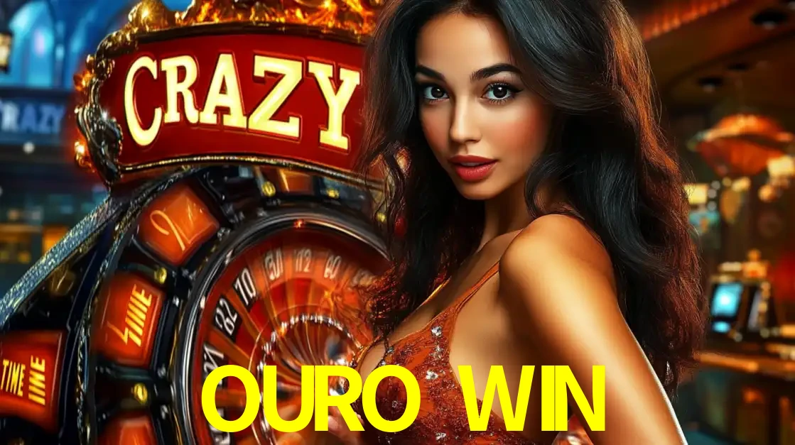 Mulher glamourosa olhando para a câmera com a roda vermelha do Crazy Time ao fundo em um ambiente de cassino, destacando a emoção dos jogos ao vivo no OURO WIN.
