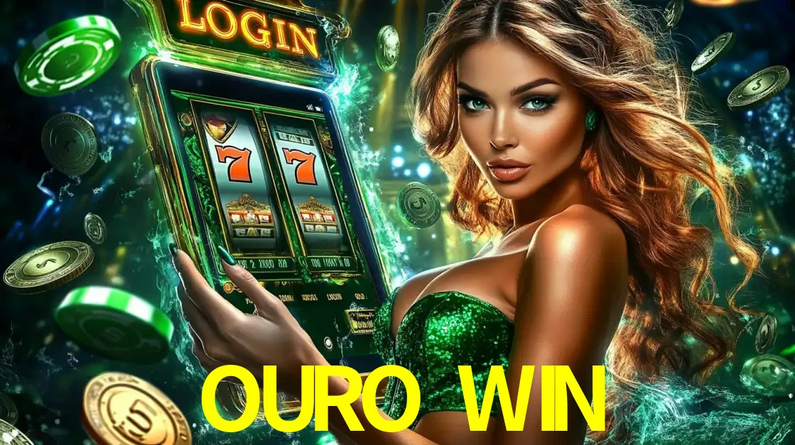 Mulher com tema verde apresentando o aplicativo do cassino OURO WIN com um jogo de slot de 777, cercada por fichas de cassino e uma aura de sorte.