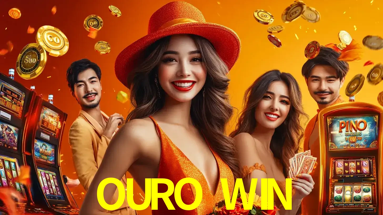 Grupo de amigos asiáticos sorrindo e se divertindo com máquinas de caça-níqueis em um ambiente festivo, celebrando suas vitórias nos jogos de cassino do OURO WIN.