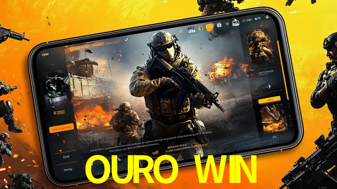 Um smartphone exibindo a interface de um jogo de tiro em primeira pessoa, com um soldado em um cenário de batalha, representando a ação dos e-sports para apostar no OURO WIN.