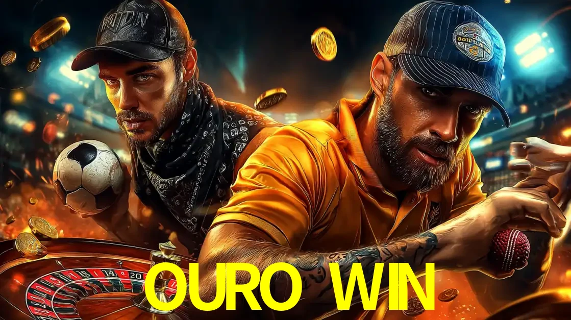 Montagem de apostas esportivas e cassino no OURO WIN, com um homem segurando uma bola de futebol e outro uma de beisebol sobre uma roleta e moedas voadoras.