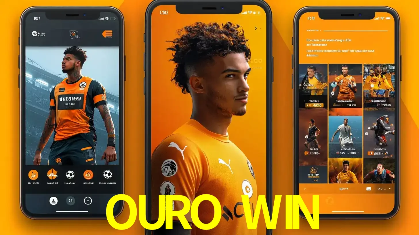 Interface do aplicativo de apostas esportivas OURO WIN em três telas de celular, mostrando o perfil de um jogador de futebol e a lista de jogos disponíveis para apostar.