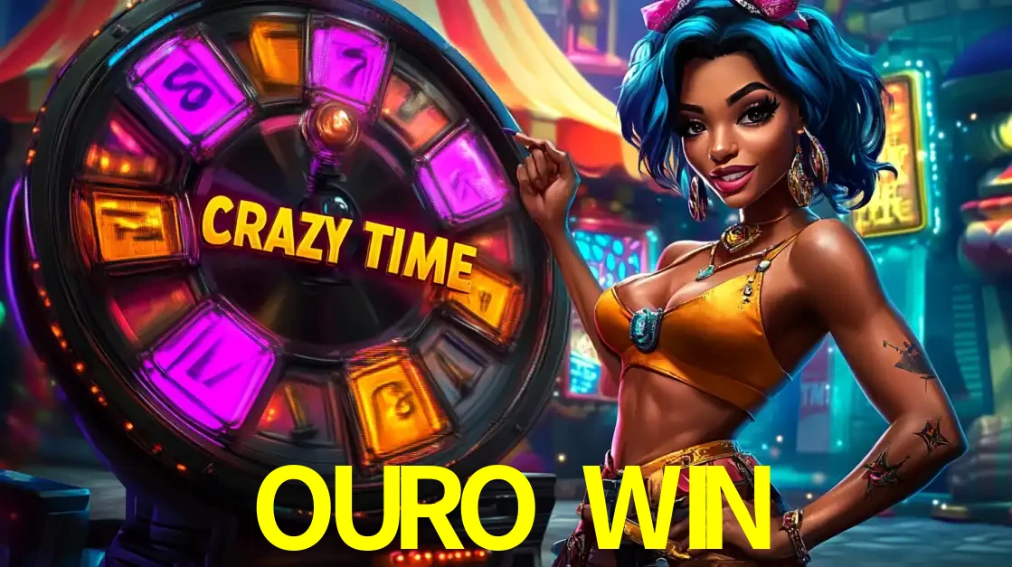 Mulher estilizada com cabelo azul e visual vibrante posando ao lado da roda de prêmios do game show Crazy Time, convidando para a diversão e os bônus do cassino OURO WIN.