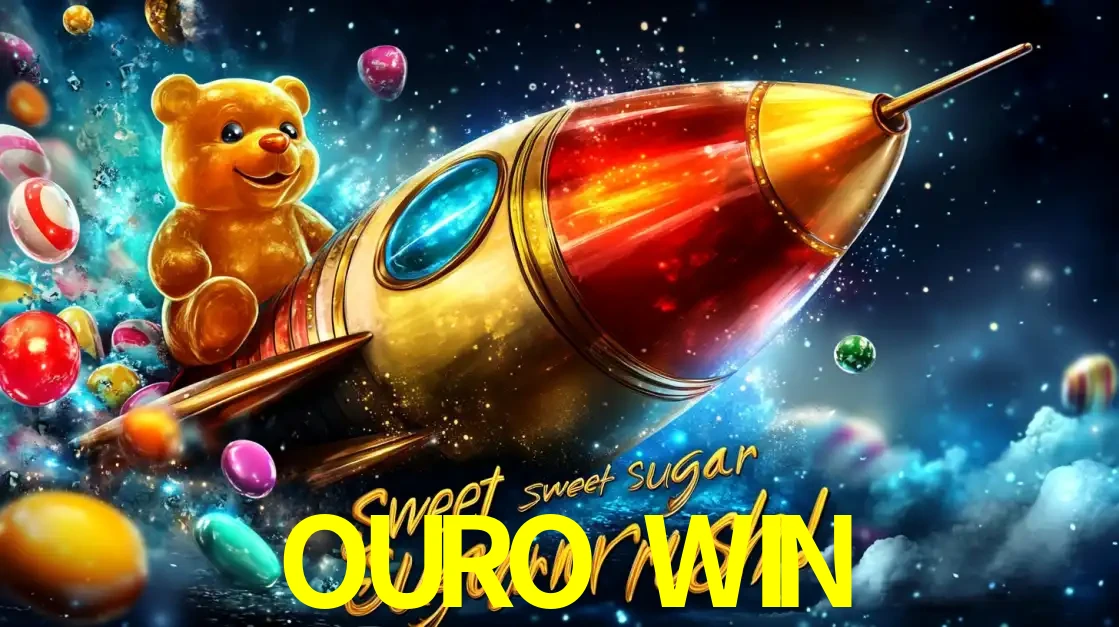 Arte promocional do jogo de slot Sugar Rush, com um urso de pelúcia em um foguete viajando pelo espaço de doces, um dos jogos divertidos disponíveis no cassino OURO WIN.