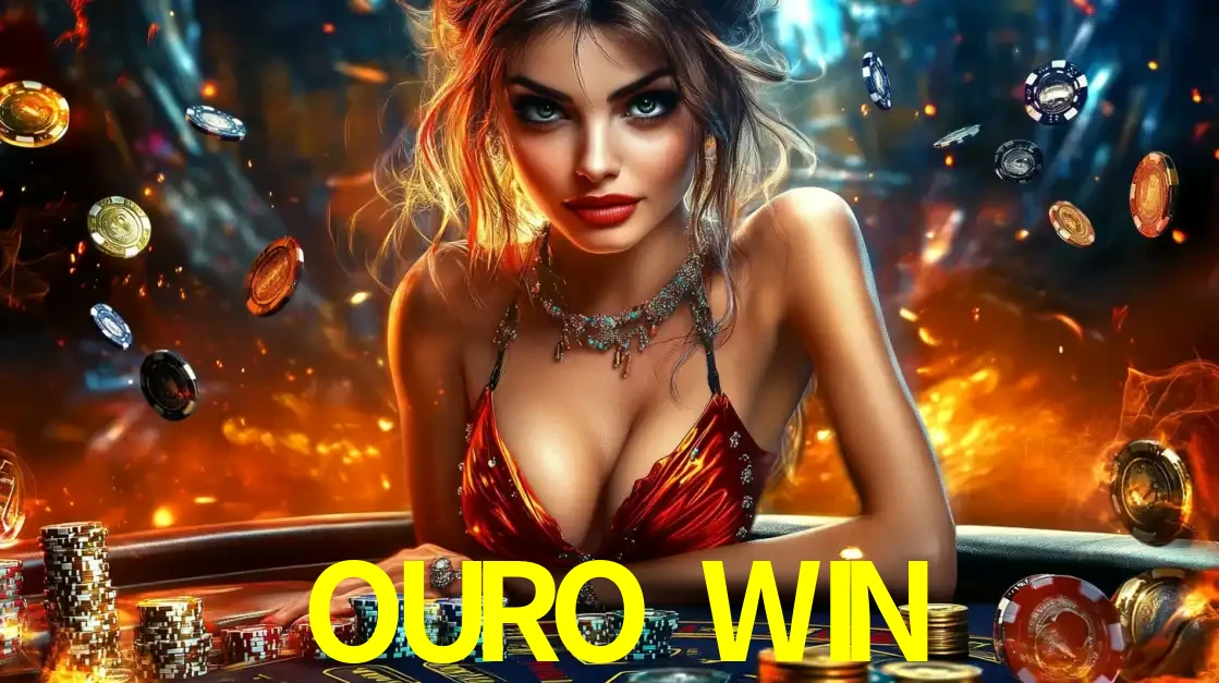 Mulher em uma mesa de cassino com pilhas de fichas e um fundo de fogo, pronta para uma rodada de altas apostas nos jogos de mesa emocionantes do cassino OURO WIN.