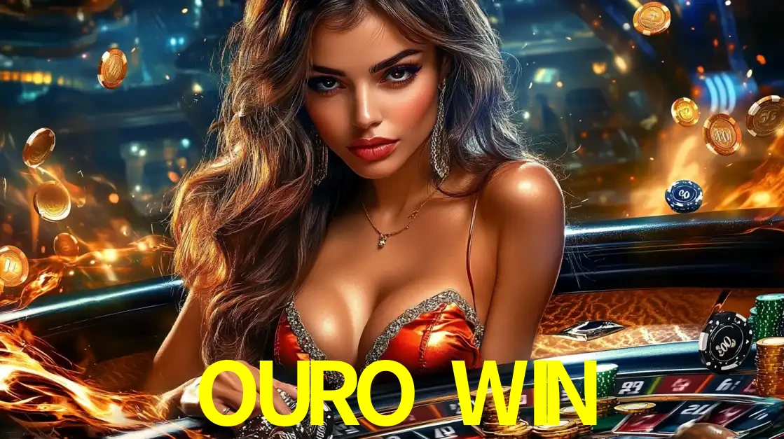 Mulher glamourosa em uma mesa de roleta com um fundo de chamas e moedas voadoras, pronta para fazer sua aposta e ganhar grandes prêmios no cassino ao vivo OURO WIN.