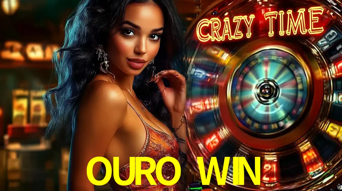 Mulher elegante ao lado da vibrante roda da fortuna do jogo de cassino ao vivo Crazy Time, um dos game shows mais populares e cheios de prêmios do OURO WIN.