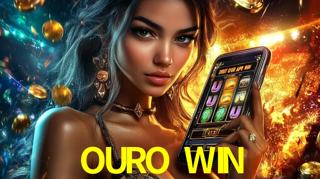 Mulher elegante mostrando um jogo de caça-níqueis em seu smartphone, destacando a experiência de cassino móvel oferecida pelo aplicativo OURO WIN.