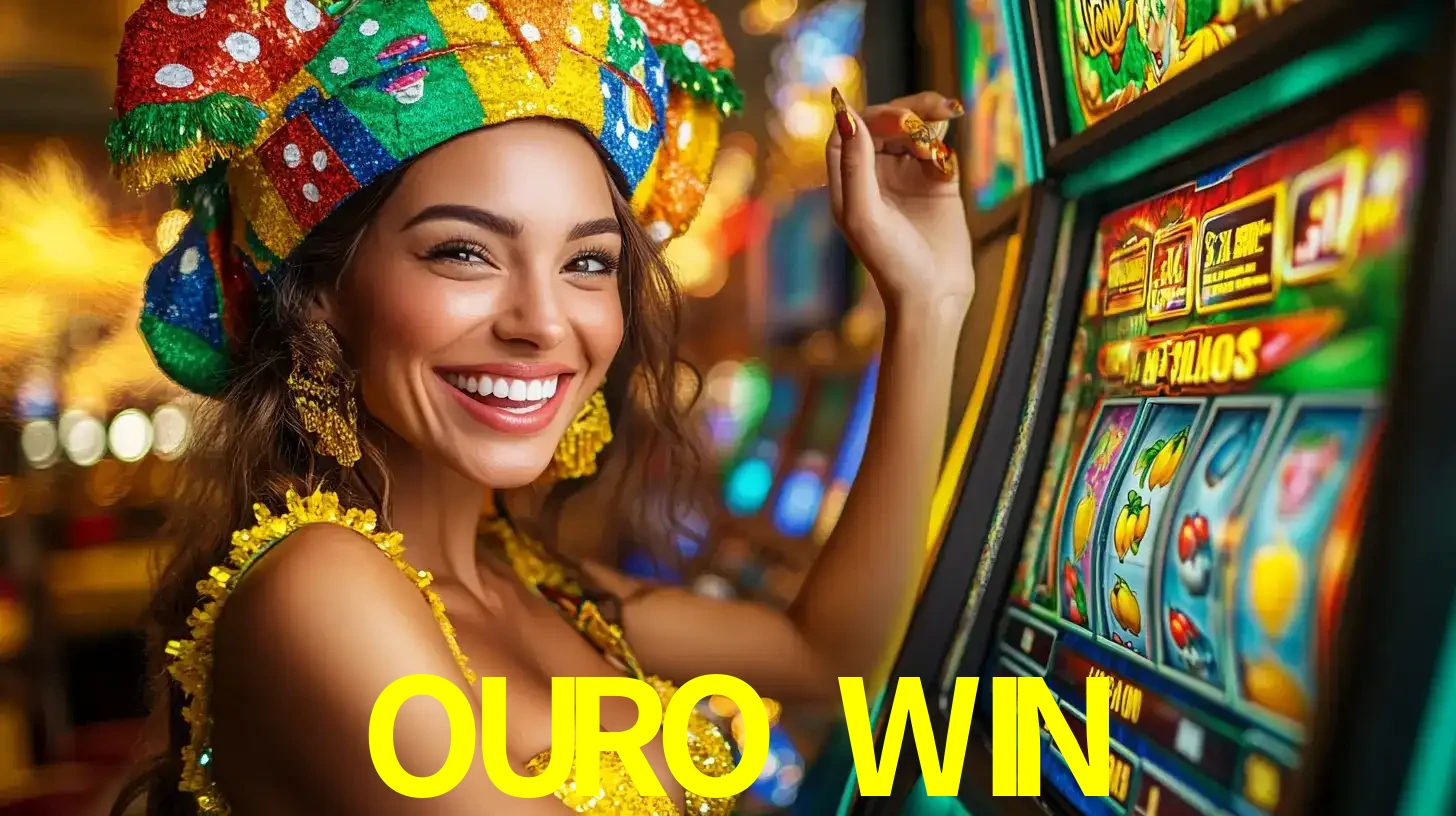 Mulher feliz com traje de carnaval amarelo e colorido ao lado de uma máquina de caça-níqueis, aproveitando a diversão e os jogos temáticos do cassino OURO WIN.