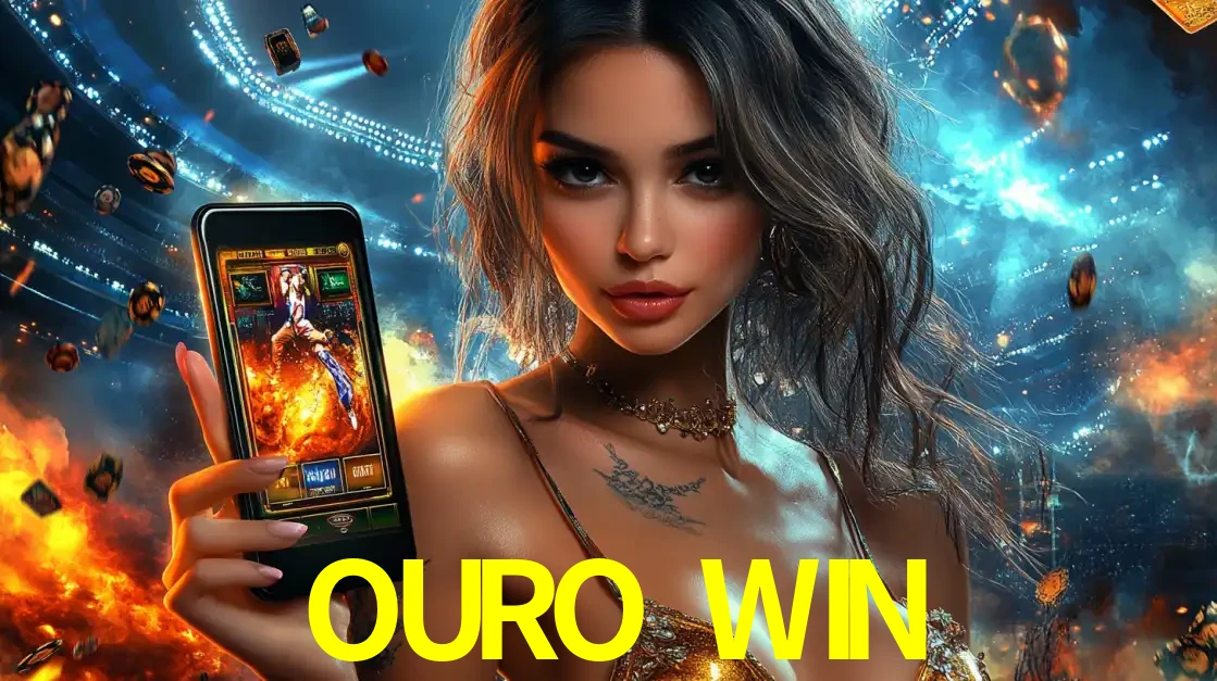 Mulher segurando um celular com um jogo de slot em destaque, tendo como fundo um estádio vibrante, simbolizando a emoção de jogar no cassino móvel OURO WIN.