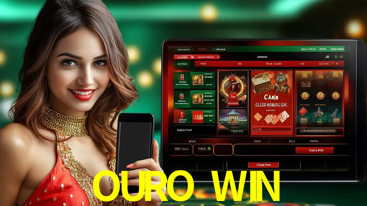 Mulher sorridente segurando um smartphone, ao lado de uma tela exibindo o lobby de jogos do cassino online OURO WIN, com várias opções de jogos de cartas e slots.